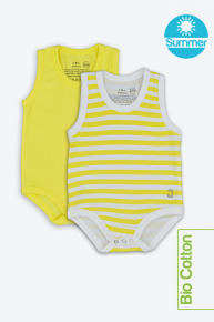 Body neonato estivo fresco cotone biologico bipack tinta unita giallo + righe bianco/giallo