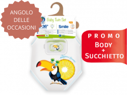 Offerta promozionale body neonato + succhietto coordinati, sconto 20%